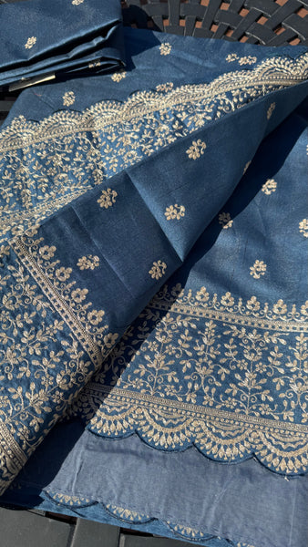 Royal Blue and Gold Tussar Silk Saree with Zari Butta's