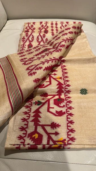 Red Handwoven Pure Tussar Silk Jamdani Saree