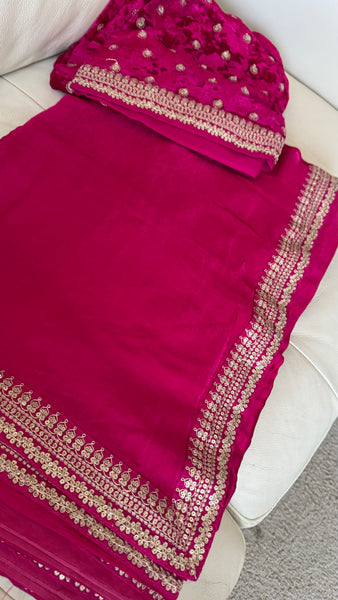 Fuchsia Pink Crepe Silk Saree with Zardosi Border