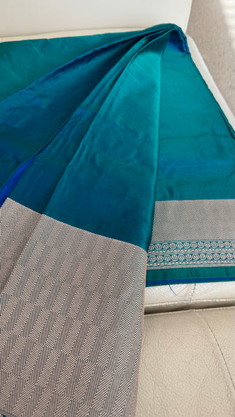 Soft Banarasi Silk Saree Iridescent Peacock Blue With Zari Border