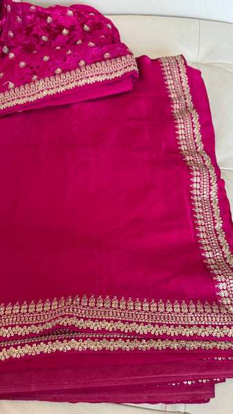 Fuchsia Pink Crepe Silk Saree with Zardosi Border