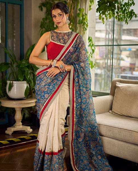 Ivory Kalamkari Floral Chanderi Saree with Red Zari-Trimmed Hem & Chevron Border Accent