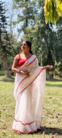 White Dhakai jamdani with Red Lace Border
