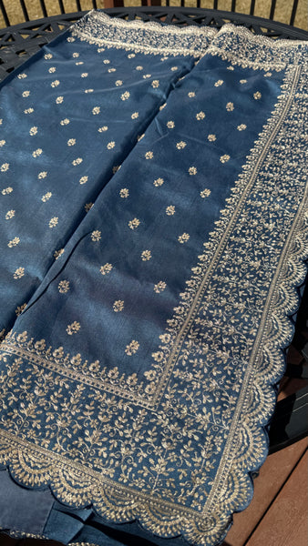 Royal Blue and Gold Tussar Silk Saree with Zari Butta's