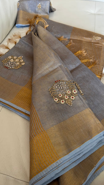 Dual Tone Grey Silver Gold Tone Tissue Linen Saree