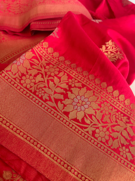 Red Dual Tone Gold and Silver Soft Silk Saree