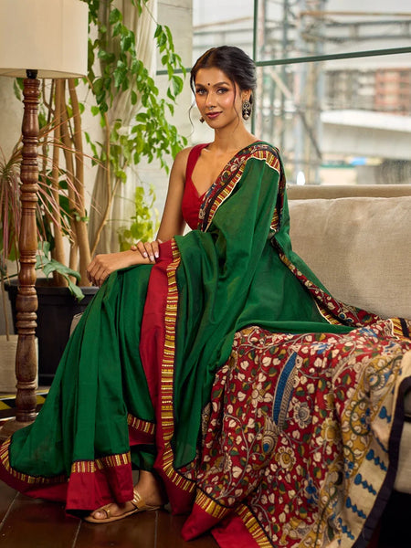 Bottle Green Cotton Saree with Contrast Maroon Border & Hand Painted Pen Kalamkari Pallu
