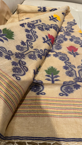 Navy Blue Handwoven Pure Tussar Silk Jamdani Saree