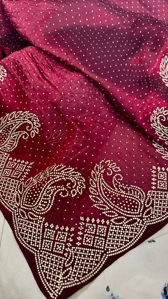 Deep Maroon Silk Crepe All-Over Stone Embellished Saree