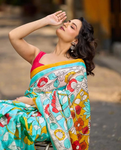 Aqua Blue Tussar Silk Saree with Statement Kalamkari Print