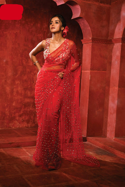 Red Net Silk Saree with Red Brocade Sleeveless Blouse