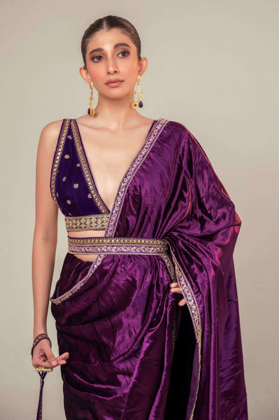 Purple Velvet Saree Embellished With Purple