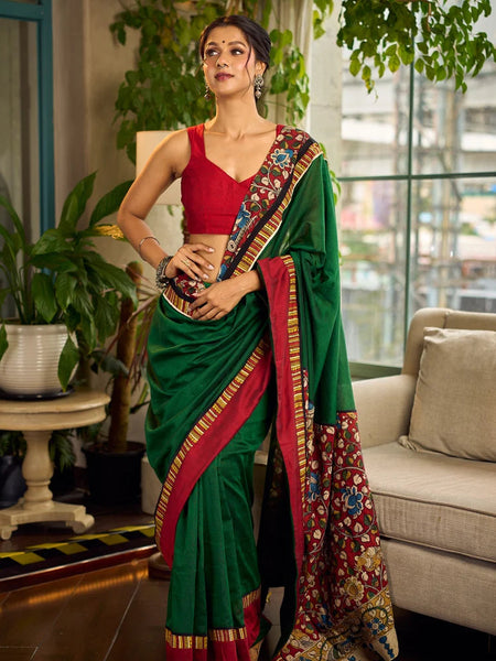 Bottle Green Cotton Saree with Contrast Maroon Border & Hand Painted Pen Kalamkari Pallu