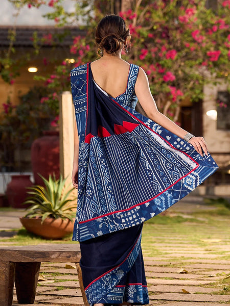 Navy Blue Silk Saree with Handcrafted Indigo Contrast Patchwork Border