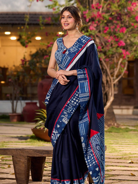 Navy Blue Silk Saree with Handcrafted Indigo Contrast Patchwork Border