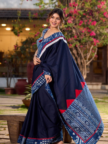 Navy Blue Silk Saree with Handcrafted Indigo Contrast Patchwork Border