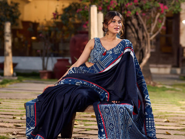 Navy Blue Silk Saree with Handcrafted Indigo Contrast Patchwork Border