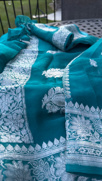 Teal Pure Handwoven Khaddi Banarasi Chiffon Georgette Saree