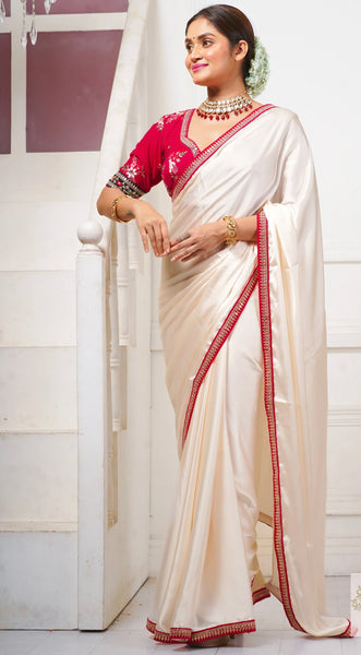 Cream Satin Saree with Red Border