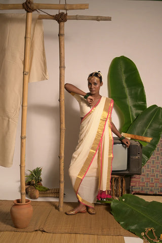Off white mul cotton handwoven saree with golden and pink border