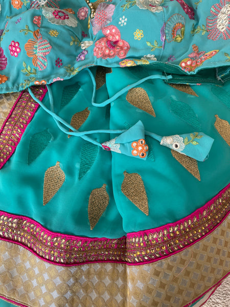 TURQUOISE BLUE GEORGETTE BLOUSE with Blue Georgette Chiffon Saree