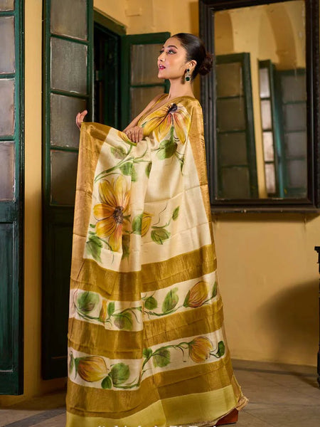 Beige Tussar Silk Saree with Floral Motifs and Zari Accents