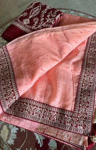 Shade of Peach Pink Handloom Net Silk Saree