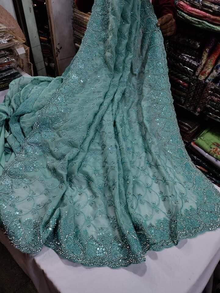 Teal Sky Blue Georgette Silk Saree with Crystals