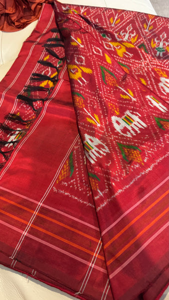 Pure Ikkat Double Weaving Silk Maroon and Multicolor Saree
