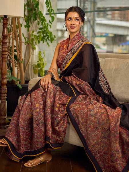 Rust-Brown Chanderi Kalamkari Floral Chanderi Saree with Contrast Black Pallu