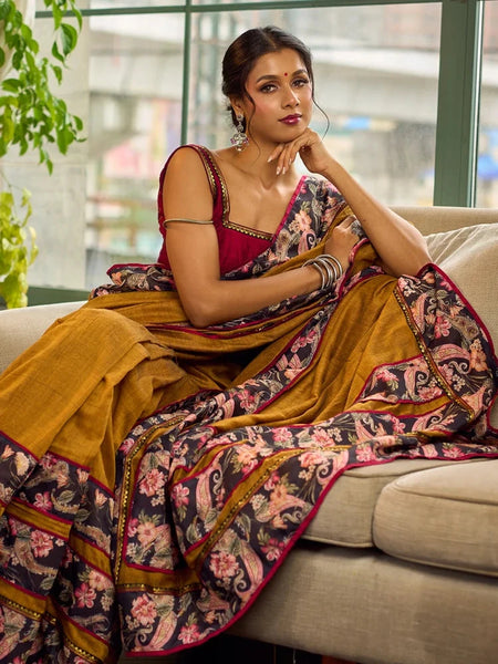 Mustard Kalamkari Print Chanderi Saree with Navy Blue Indigo Border