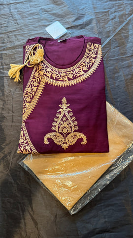 Eggplant Purple and Tan Pure Raw Silk Embroidered Bengali Punjabi