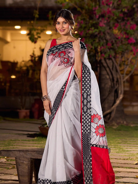 White Chanderi Saree with Kantha Patchwork Border & Delicate Hand Painting