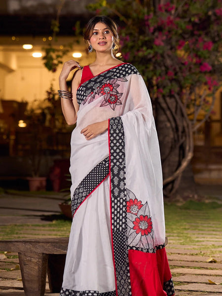 White Chanderi Saree with Kantha Patchwork Border & Delicate Hand Painting
