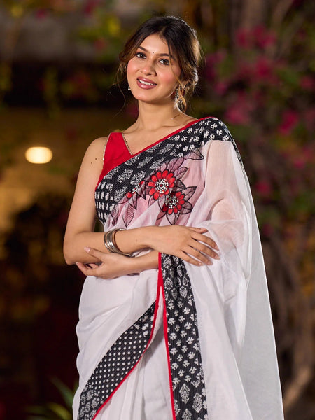 White Chanderi Saree with Kantha Patchwork Border & Delicate Hand Painting