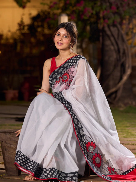 White Chanderi Saree with Kantha Patchwork Border & Delicate Hand Painting