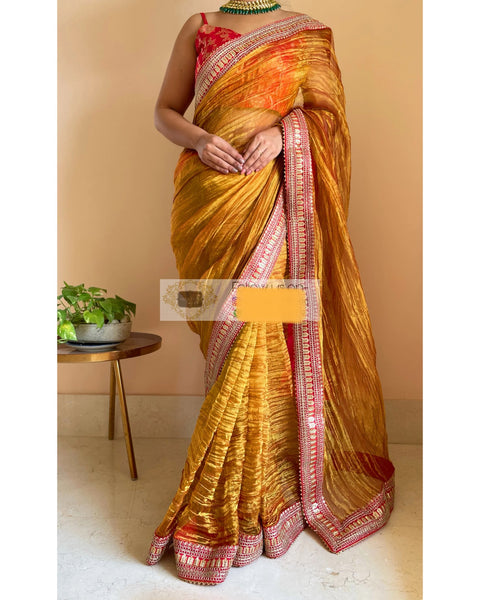 Gold Zari Tissue Saree with Red Border