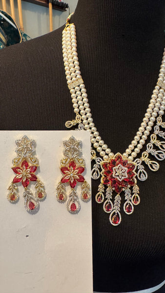 Natural Freshwater 3 Piece White Real Pearl Set with CZ 3D Flower Teardrop Design