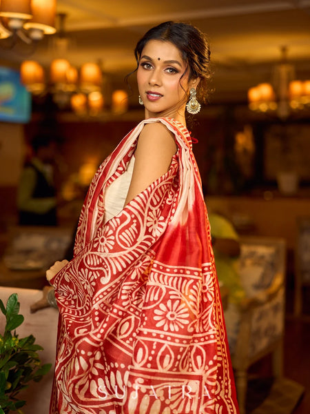 Red & Ivory Batik Saree