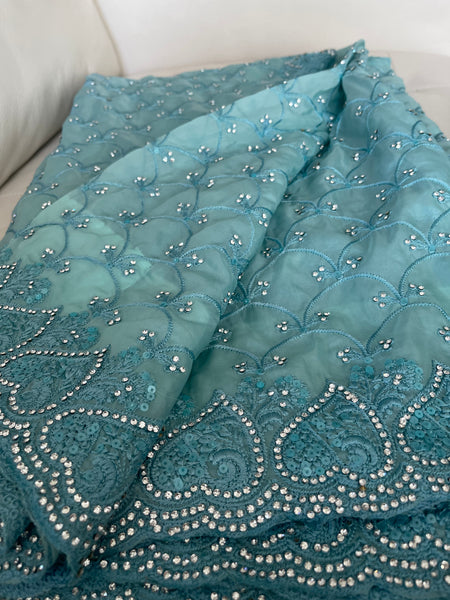 Teal Sky Blue Georgette Silk Saree with Crystals