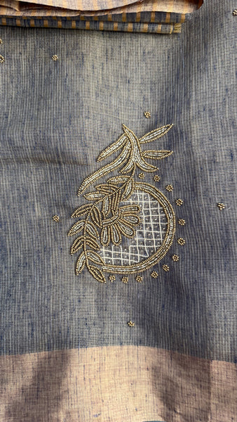 Dual Tone Grey Silver Gold Tone Tissue Linen Saree