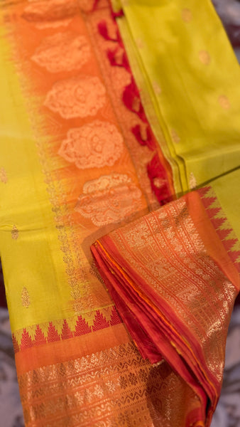 Greenish Yellow and Orange Pure Silk Handloom Gadwal Saree