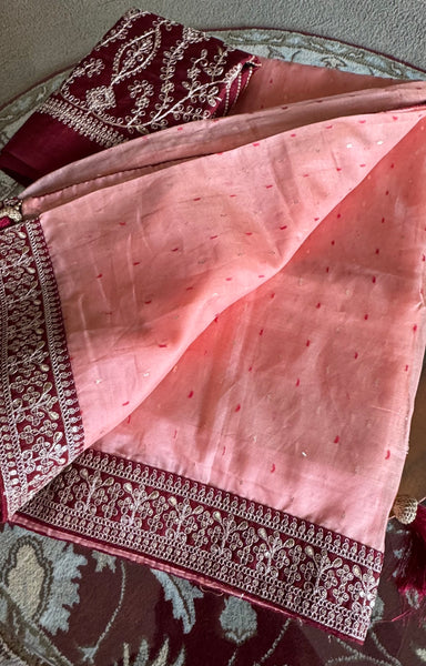 Shade of Peach Pink Handloom Net Silk Saree