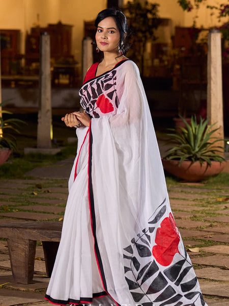 Classic White Mul Cotton Saree with Bold Hand Painting