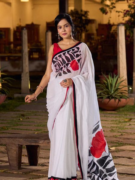 Classic White Mul Cotton Saree with Bold Hand Painting