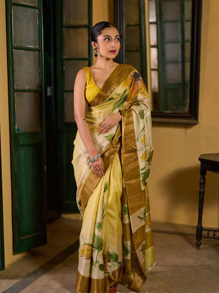 Beige Tussar Silk Saree with Floral Motifs and Zari Accents