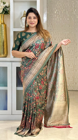 SEA GREEN TUSSER SILK SAREE with KALAMKARI DESIGN