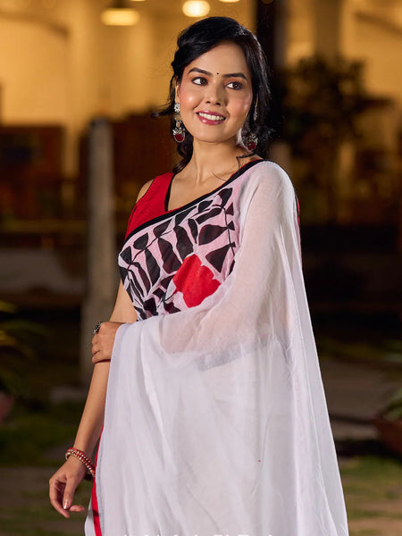Classic White Mul Cotton Saree with Bold Hand Painting
