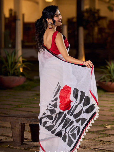Classic White Mul Cotton Saree with Bold Hand Painting