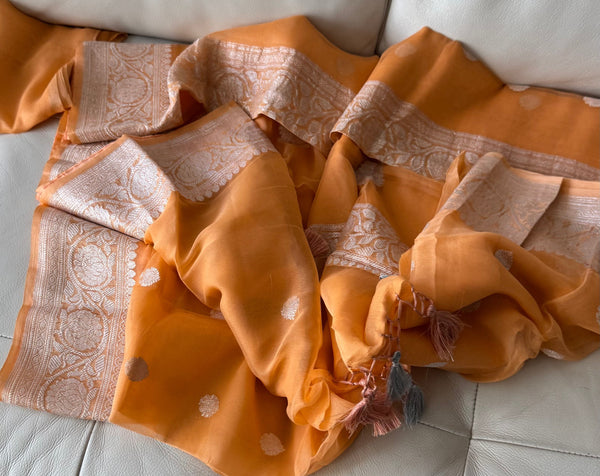 Peach Orangish and Silver Pure Handwoven Khaddi Banarasi Chiffon Georgette Saree